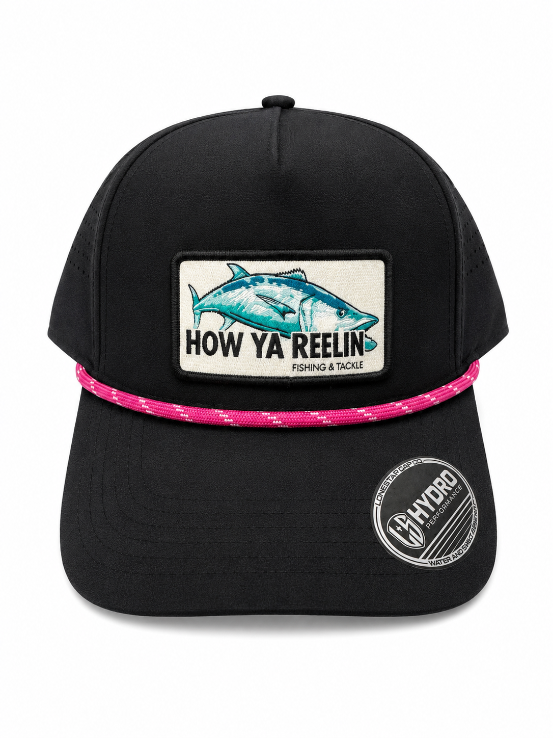 How Ya Reelin Hydro Performance Hats Black w Pink Rope Kingfish