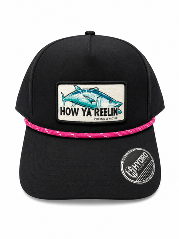 How Ya Reelin Hydro Performance Hats Black w Pink Rope Kingfish