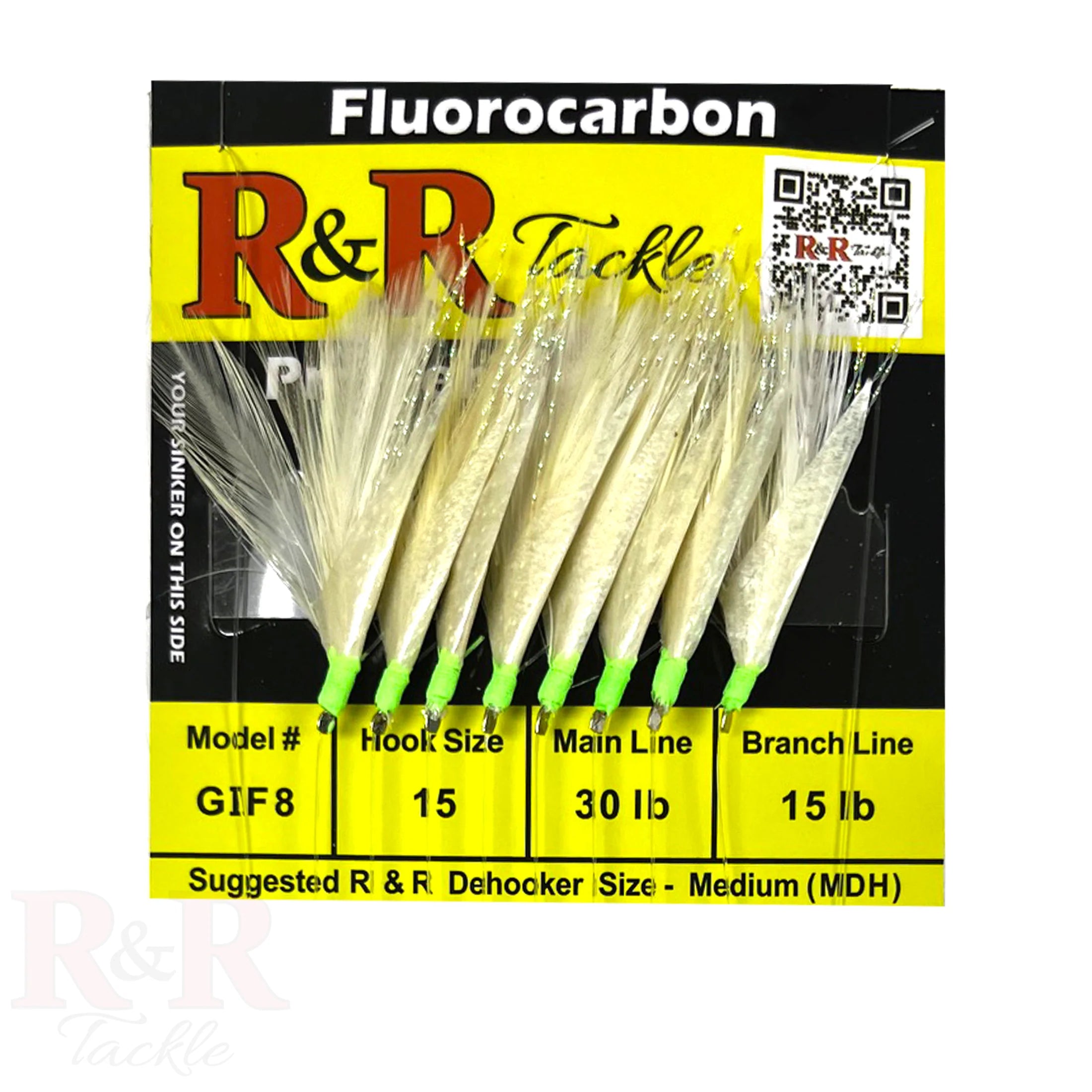R&R GIF8 Fluorocarbon bait rigs - 8 hooks with white feather & green h ...
