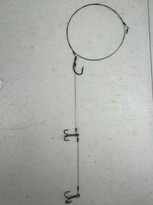 All Titanium Crimped Double Flat Rig (10pk): 50 lb Trace Wire / Mustad J-Hook / VMC (Treble)