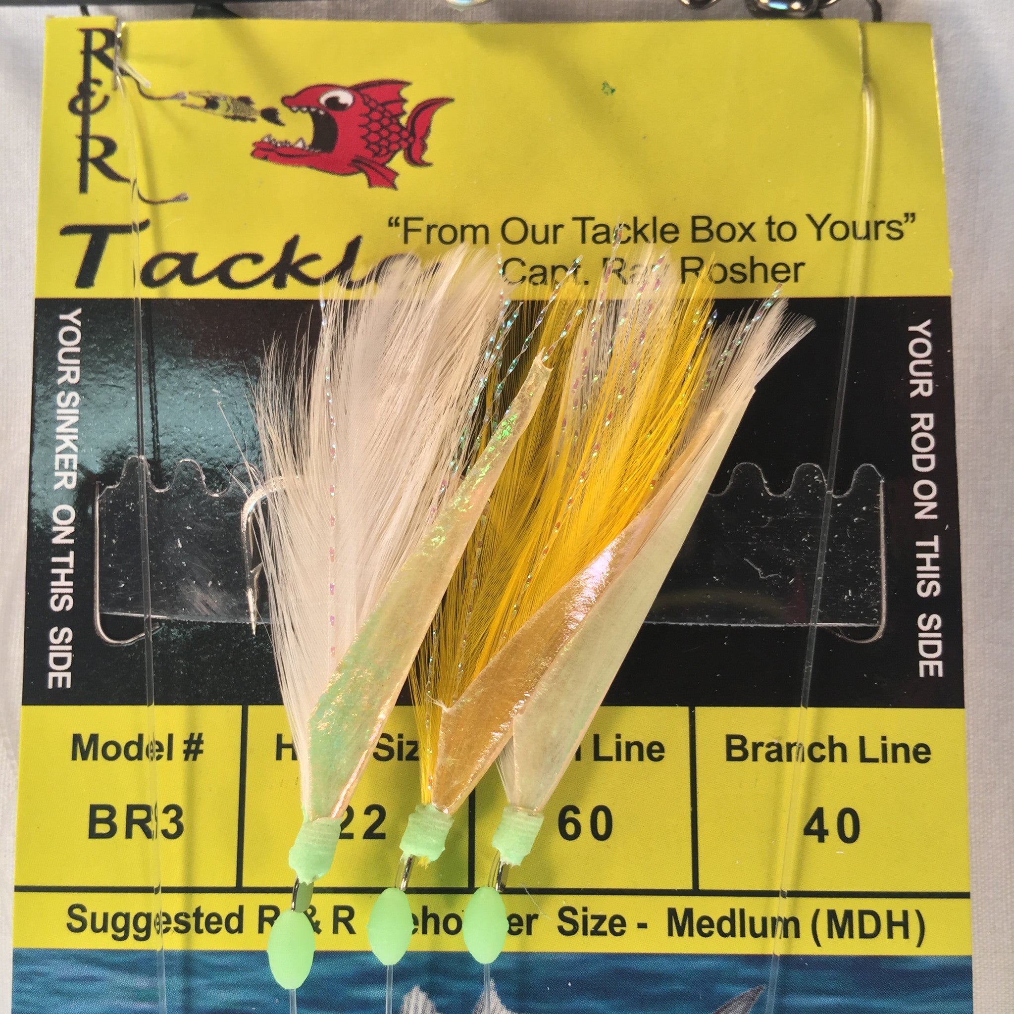 R&R Bait Rig BR3 Size 22 Hooks with White/Yellow Feather & Fish Skin